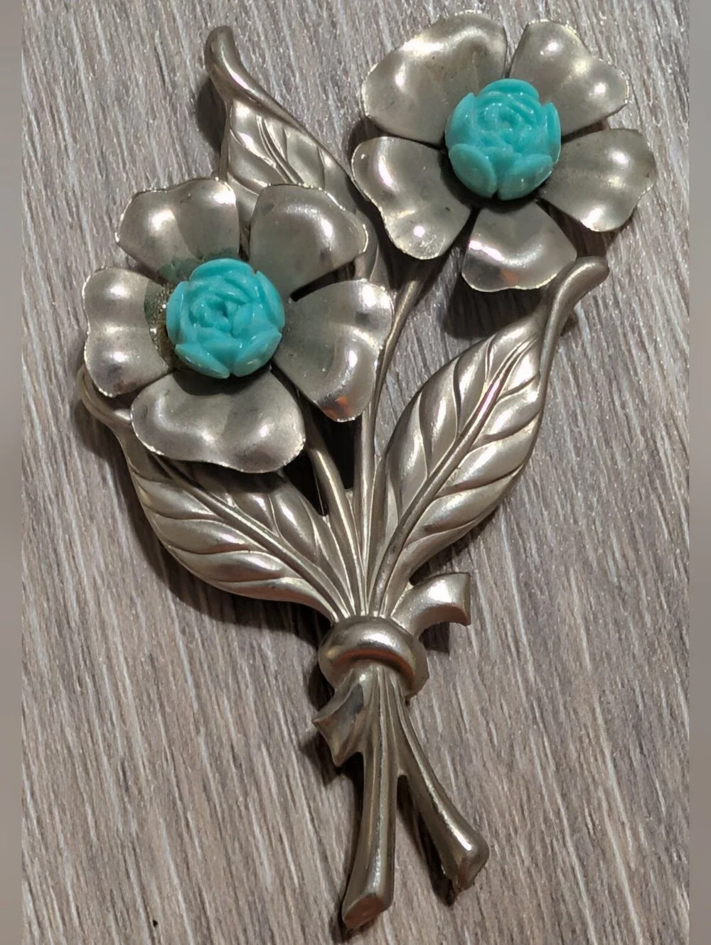 Silver Tone Floral Brooch with Molded Turquoise Resin Roses